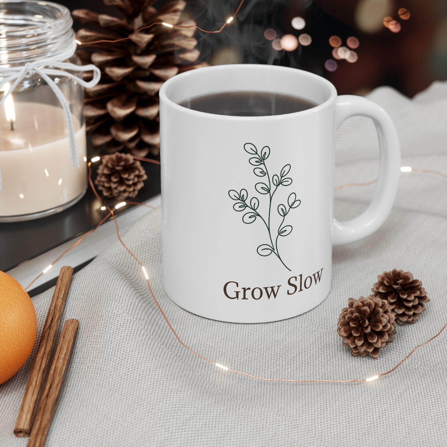 Grow Slow Plant Mug — Minimal Botanical 11oz Coffee Cup for Plant Lovers