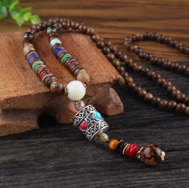 Vintage National Wind Sweater Chain Long Wooden Beads Necklace