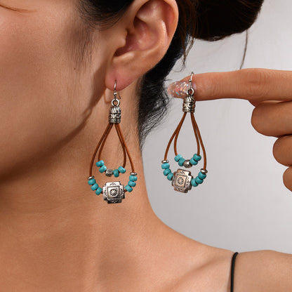 Vintage Ethnic Style Antique Silver Flower Turquoise Rope Earrings