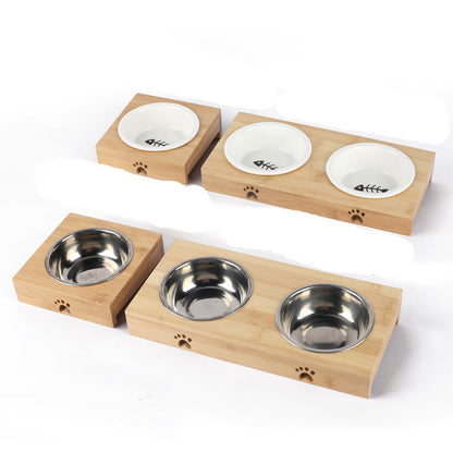 Pet Ceramic Bamboo Frame Double Bowl