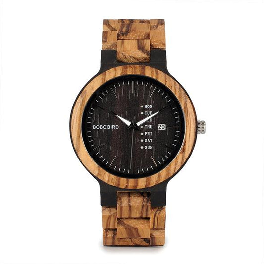 Wood and Ebony Quartz Watch — Men's Casual Wristwatch