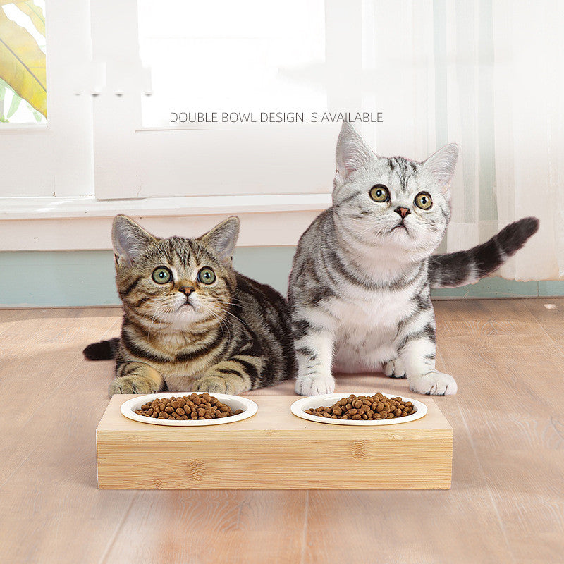 Pet Ceramic Bamboo Frame Double Bowl