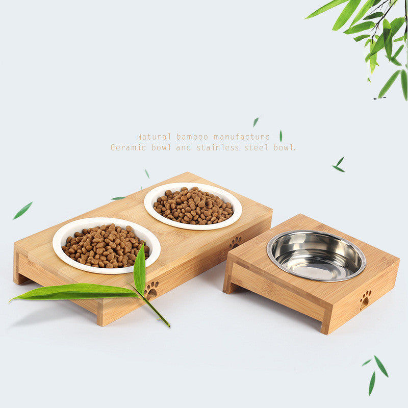 Pet Ceramic Bamboo Frame Double Bowl