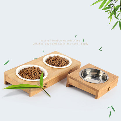 Pet Ceramic Bamboo Frame Double Bowl