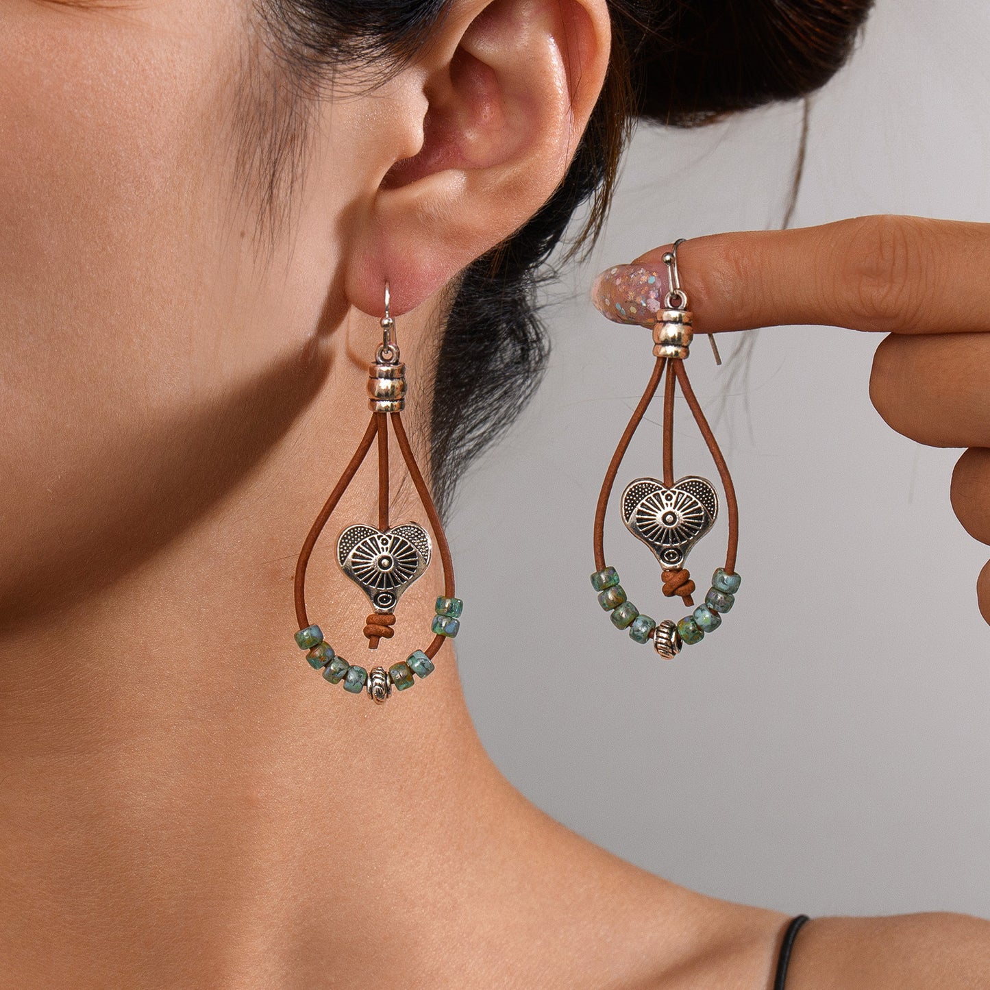 Vintage Ethnic Style Antique Silver Flower Turquoise Rope Earrings