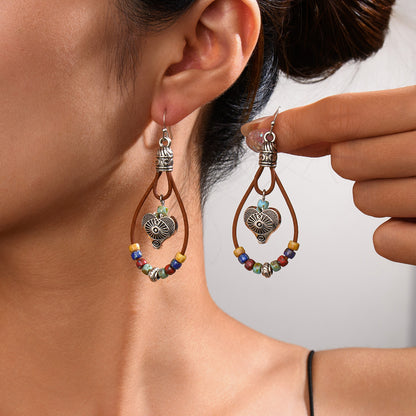 Vintage Ethnic Style Antique Silver Flower Turquoise Rope Earrings