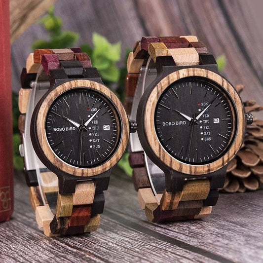 Wooden Quartz Watch with Date Display — His & Hers Set