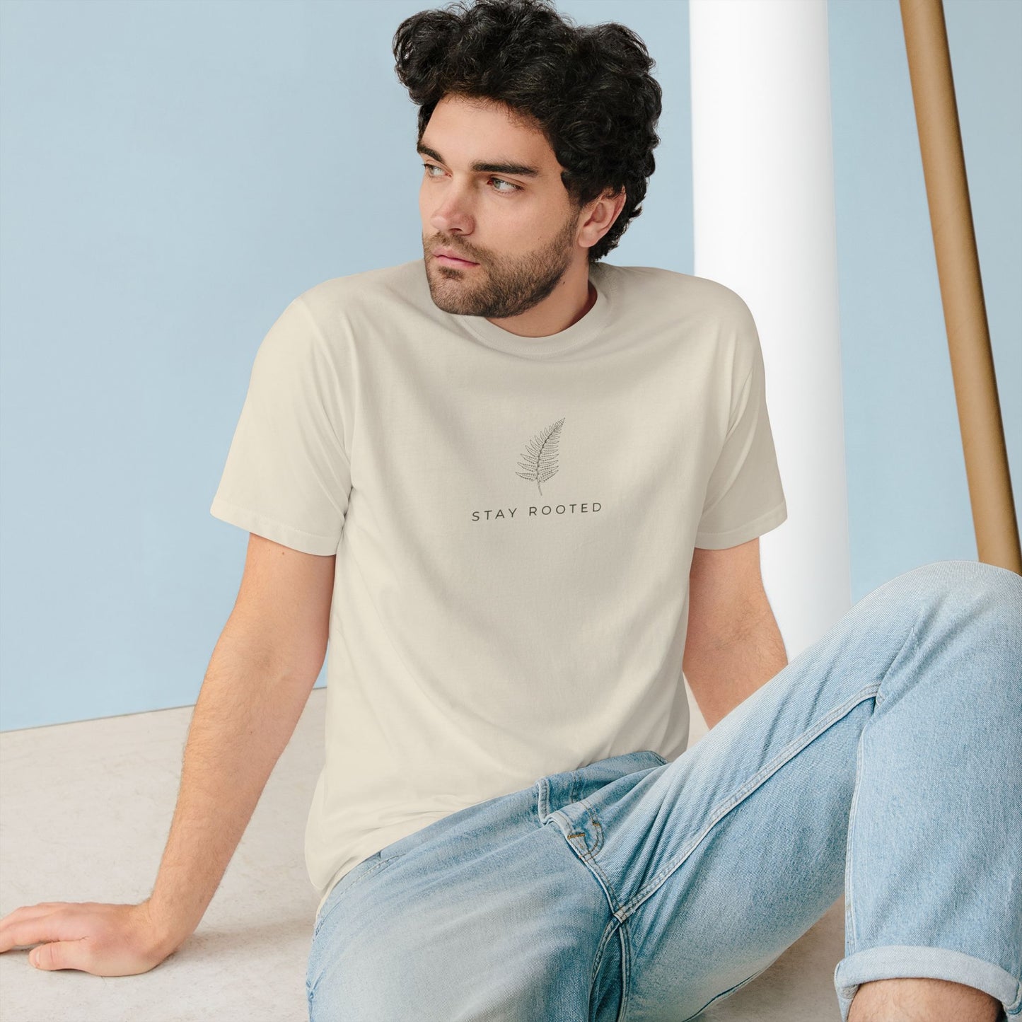 Stay Rooted Organic T-Shirt — Minimal Leaf Graphic, Natural Lifestyle Tee