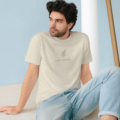 Stay Rooted Organic T-Shirt — Minimal Leaf Graphic, Natural Lifestyle Tee