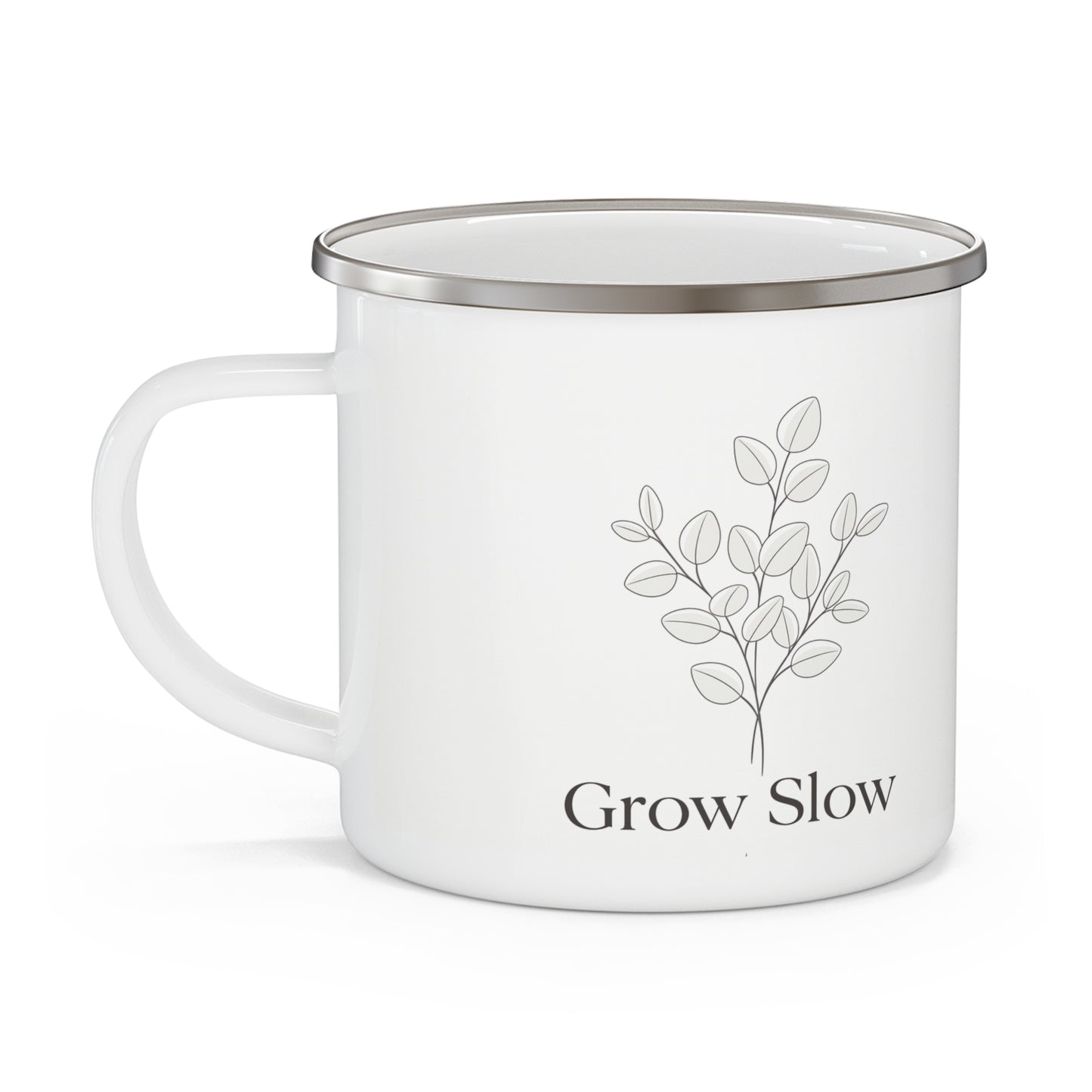 Enamel Mug — "Grow Slow" Minimalist Plant Camping Cup