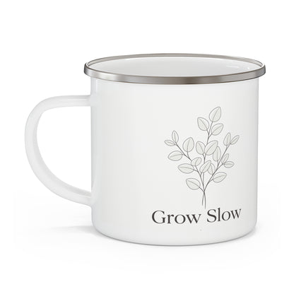 Enamel Mug — "Grow Slow" Minimalist Plant Camping Cup