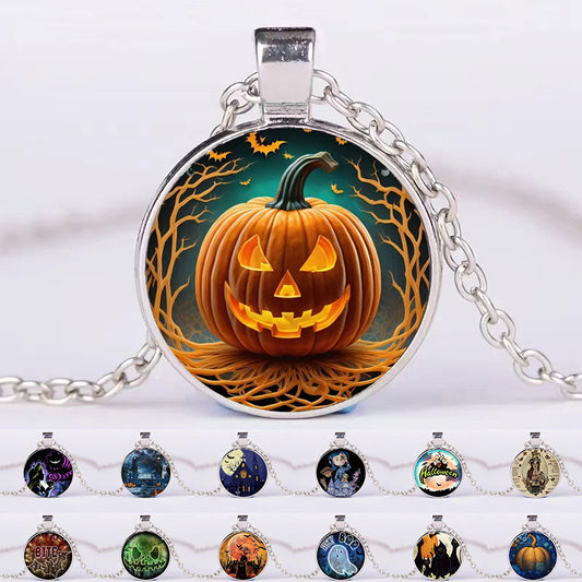 Halloween Round Pumpkin Ghost Bat Necklace