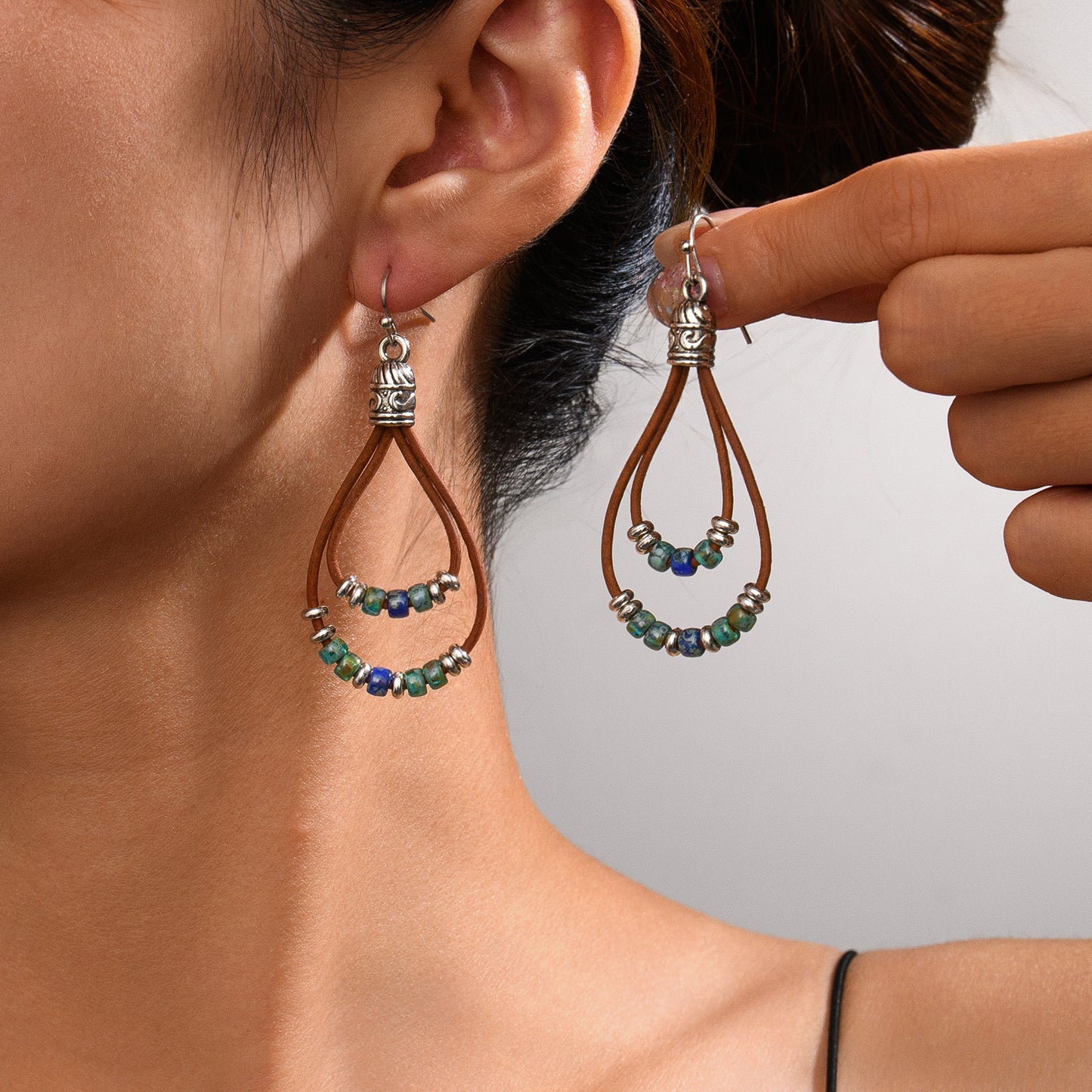 Vintage Ethnic Style Antique Silver Flower Turquoise Rope Earrings