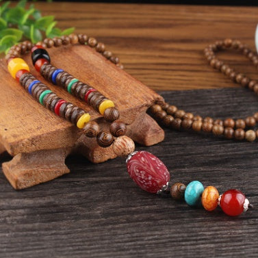 Vintage National Wind Sweater Chain Long Wooden Beads Necklace