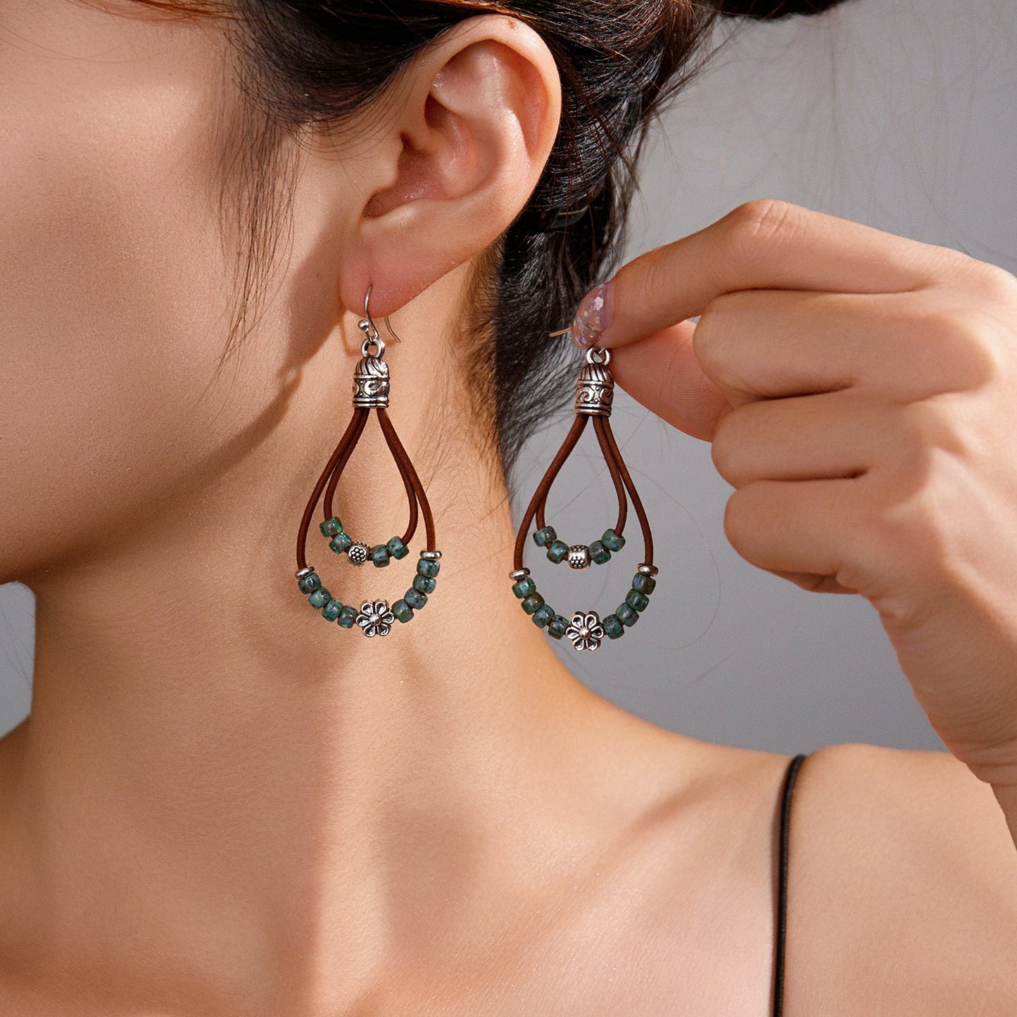 Vintage Ethnic Style Antique Silver Flower Turquoise Rope Earrings