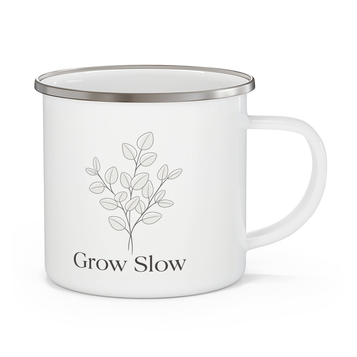 Enamel Mug — "Grow Slow" Minimalist Plant Camping Cup