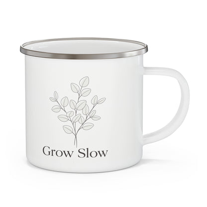 Enamel Mug — "Grow Slow" Minimalist Plant Camping Cup