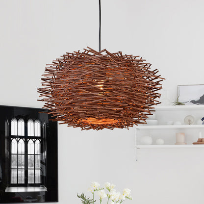 Pastoral Bamboo Woven Straw Hat Bird Cage Chandelier