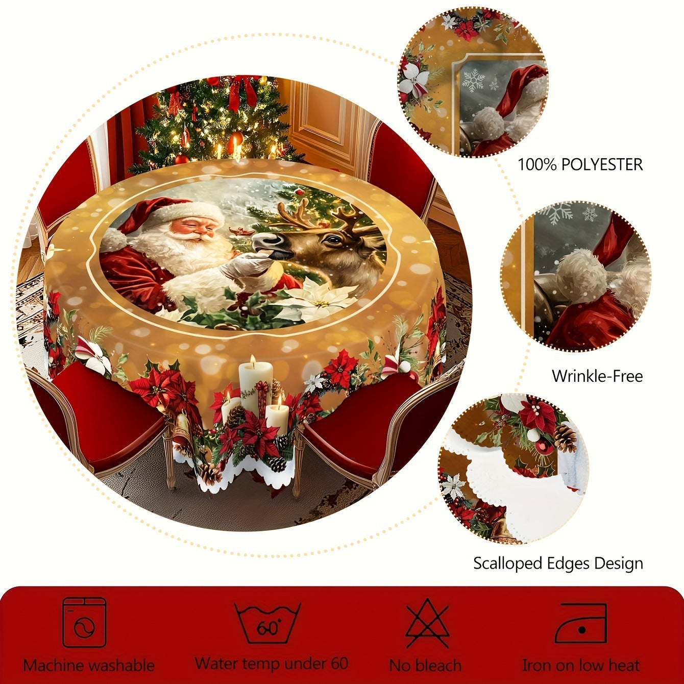 Christmas Theme Round Tablecloth With Santa Claus Table Flag