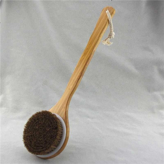 Wooden Bath Brush, Long Handle — Back Scrubber with Natural Bristle