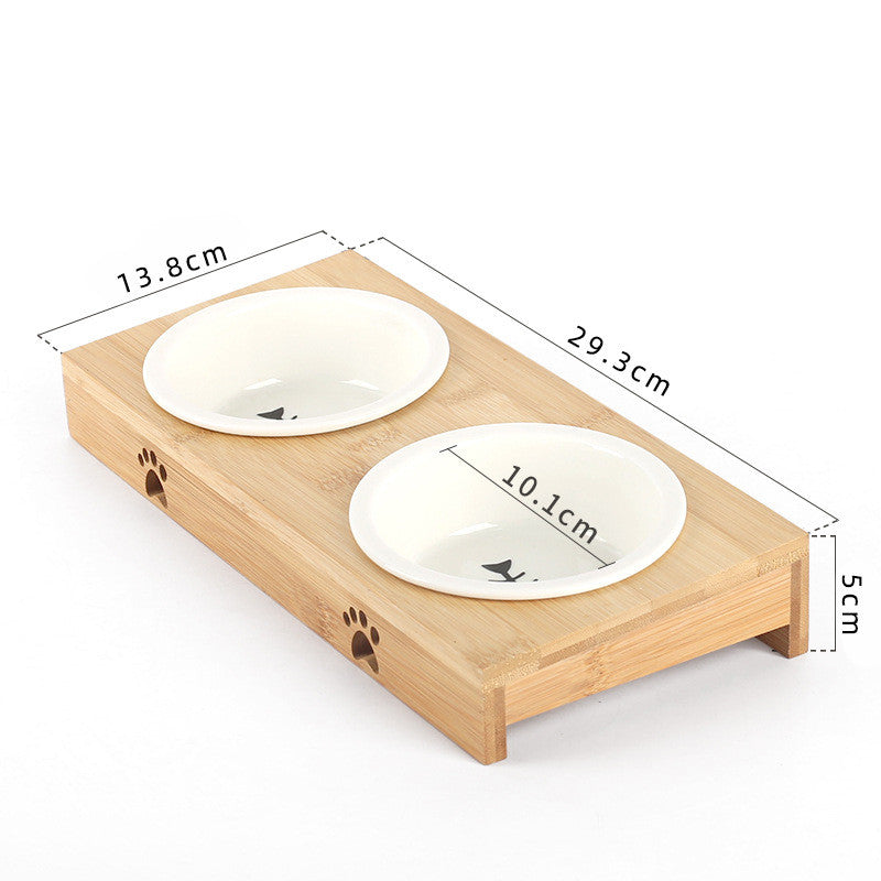 Pet Ceramic Bamboo Frame Double Bowl