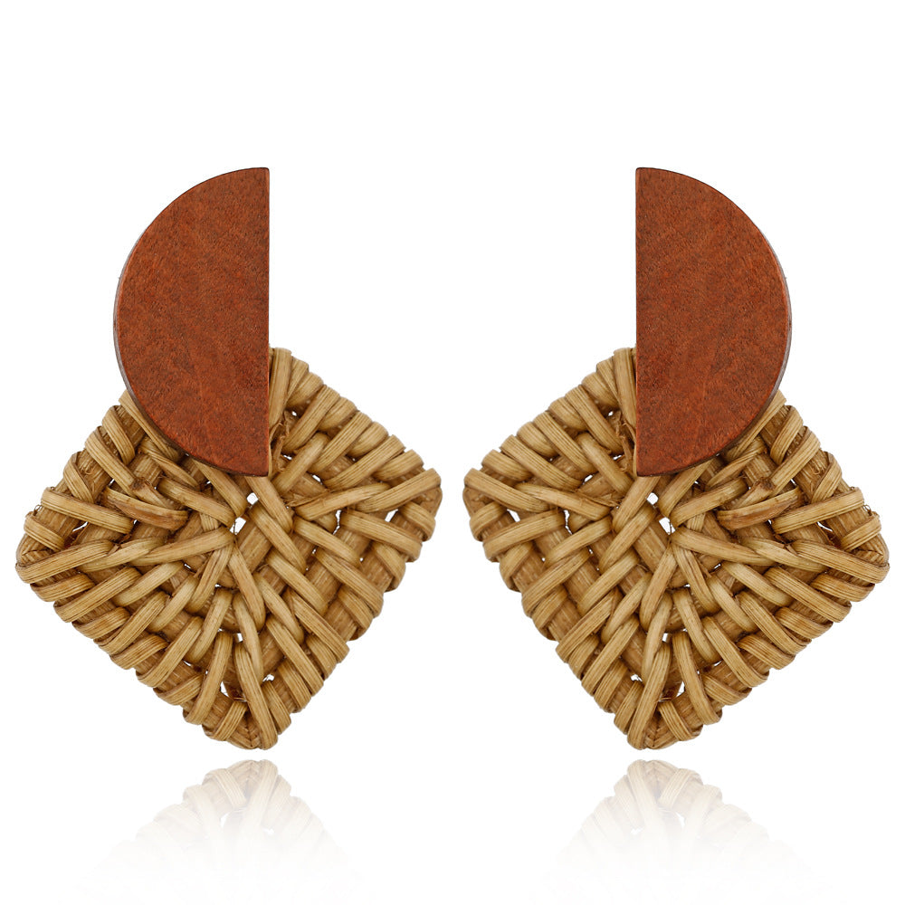 Wooden Rattan Geometric Multilayer Earrings