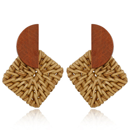 Wooden Rattan Geometric Multilayer Earrings