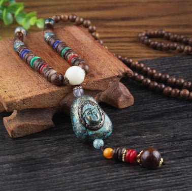 Vintage National Wind Sweater Chain Long Wooden Beads Necklace