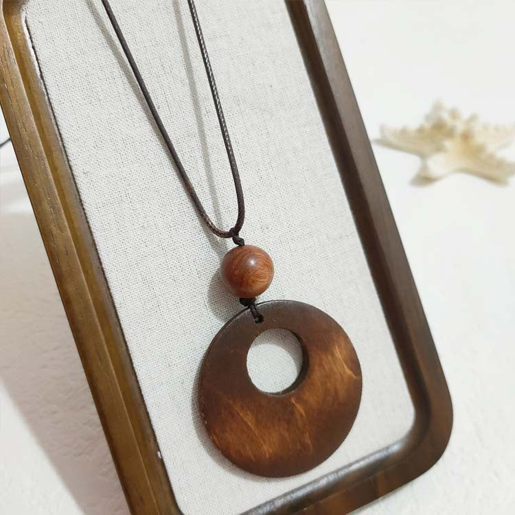 Wooden Love Ring Leather Rope Pendant Necklace