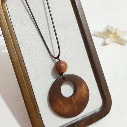 Wooden Love Ring Leather Rope Pendant Necklace