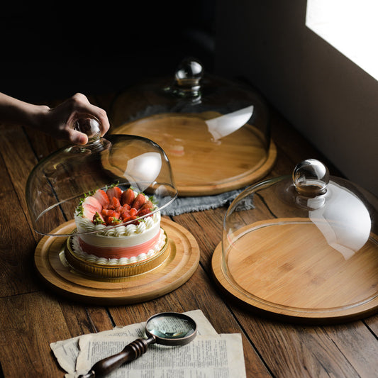 Bamboo Wooden Cake Glass Cover Tray