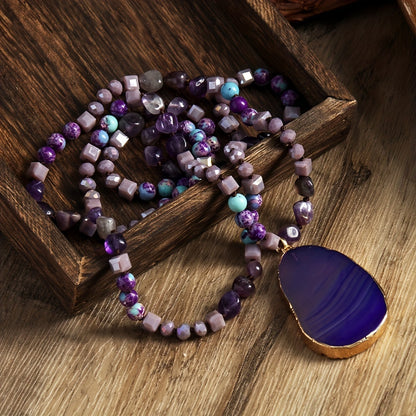 Bohemian Style 6mm Natural Stone Glass Knotted Striped Agate Water Drop Pendant Necklace