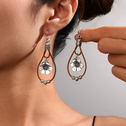 Vintage Ethnic Style Antique Silver Flower Turquoise Rope Earrings