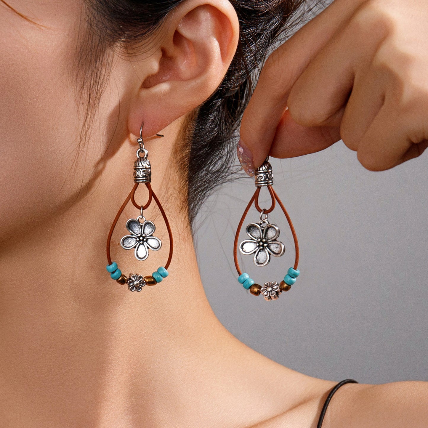 Vintage Ethnic Style Antique Silver Flower Turquoise Rope Earrings