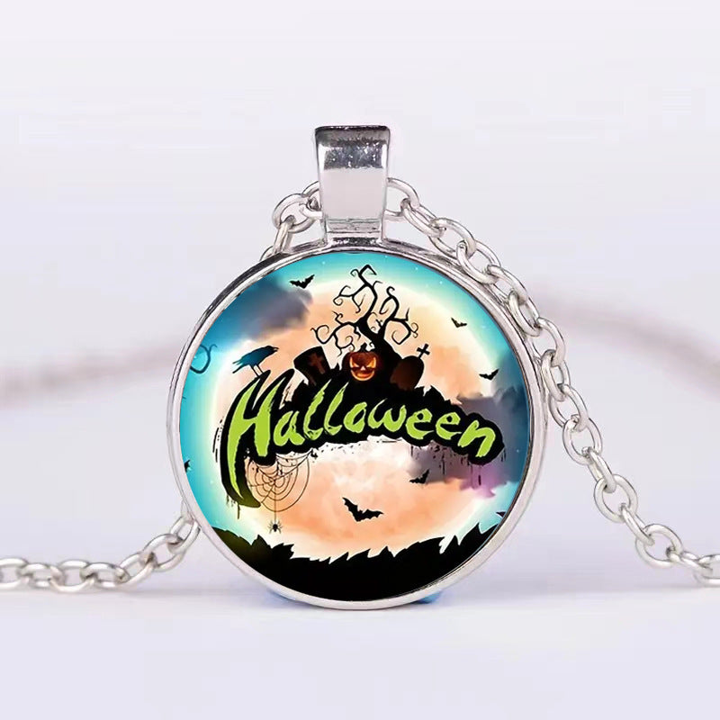 Halloween Round Pumpkin Ghost Bat Necklace