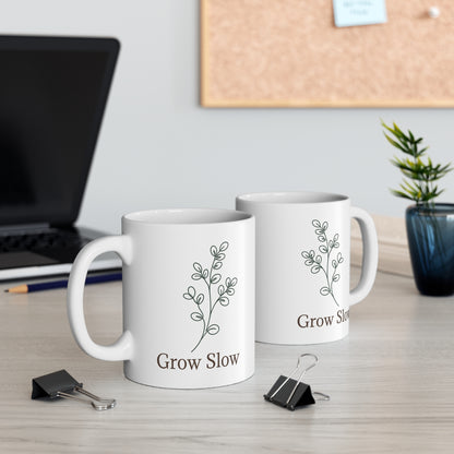 Grow Slow Plant Mug — Minimal Botanical 11oz Coffee Cup for Plant Lovers