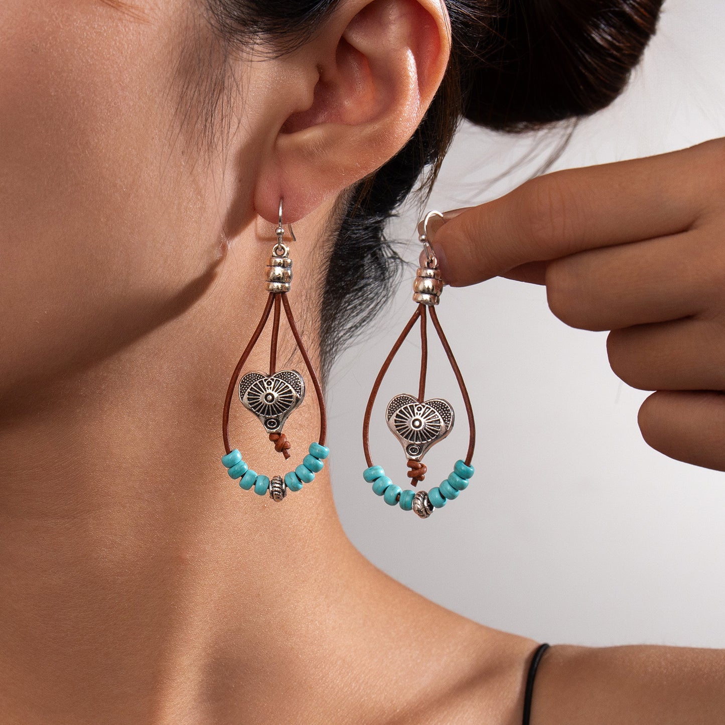 Vintage Ethnic Style Antique Silver Flower Turquoise Rope Earrings