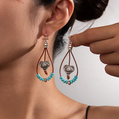 Vintage Ethnic Style Antique Silver Flower Turquoise Rope Earrings