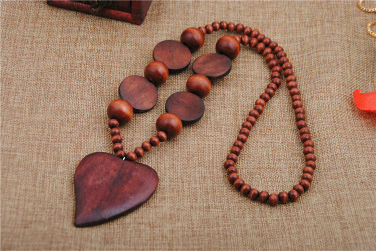 Wooden Jewelry Female Retro Ethnic Style Pendant Sweater Chain Necklace