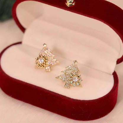 Rotatable Christmas Tree Shiny Rhinestone Snowflake Stud Earring