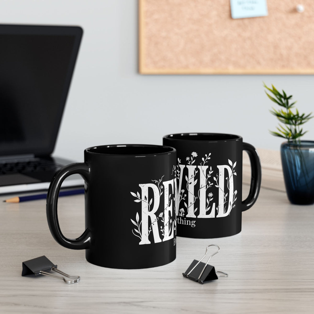 Ceramic Coffee Mug, Black Floral — 11oz/15oz