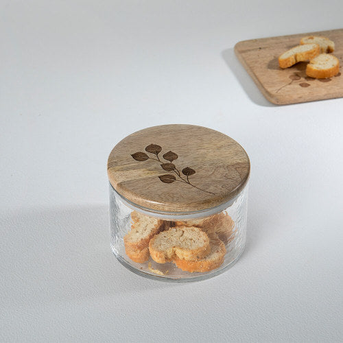 Leafy Twig Glass Jar Container With Wooden Lid