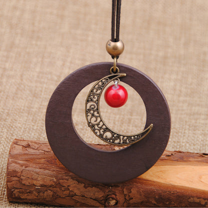 Wooden Jewelry Female Retro Ethnic Style Pendant Sweater Chain Necklace