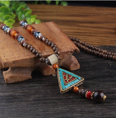 Vintage National Wind Sweater Chain Long Wooden Beads Necklace