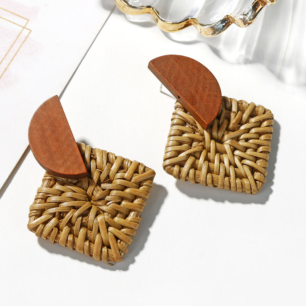 Wooden Rattan Geometric Multilayer Earrings