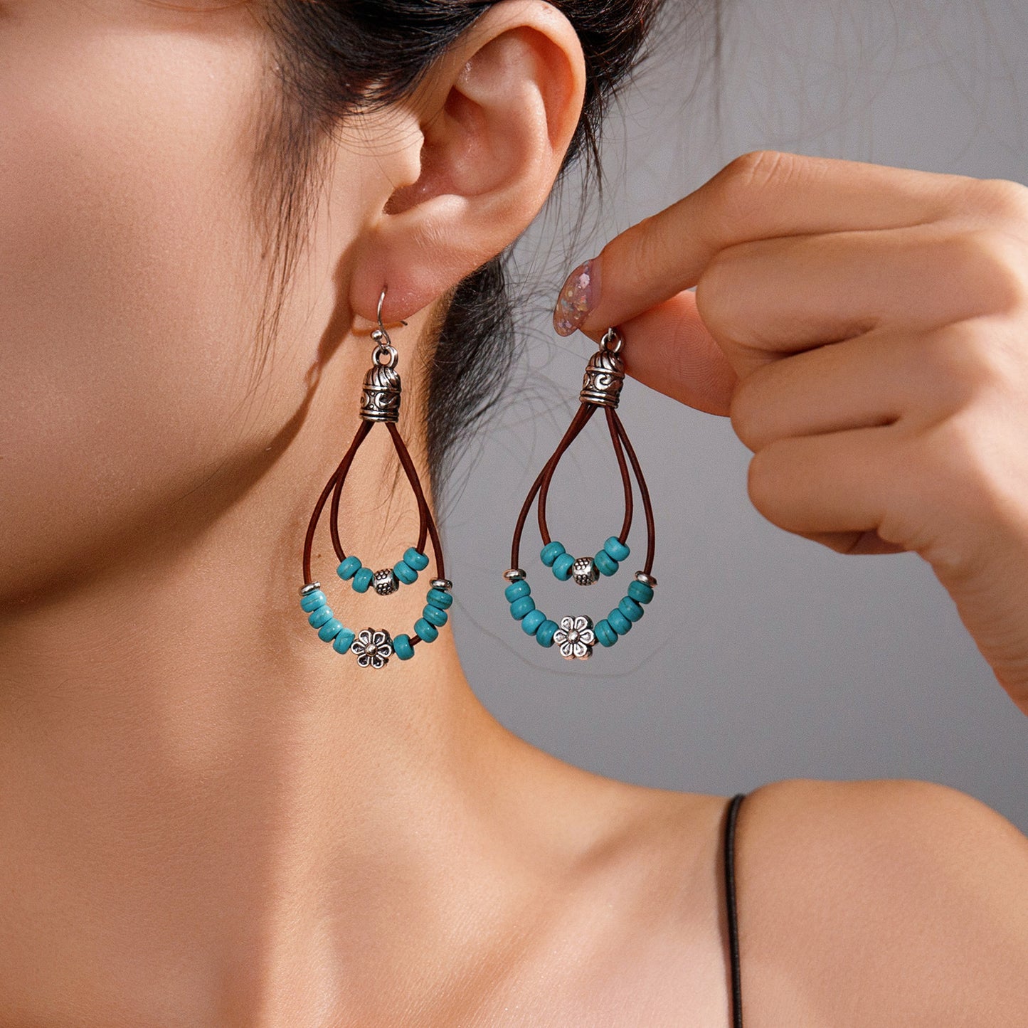 Vintage Ethnic Style Antique Silver Flower Turquoise Rope Earrings