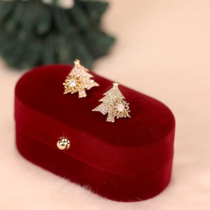 Rotatable Christmas Tree Shiny Rhinestone Snowflake Stud Earring