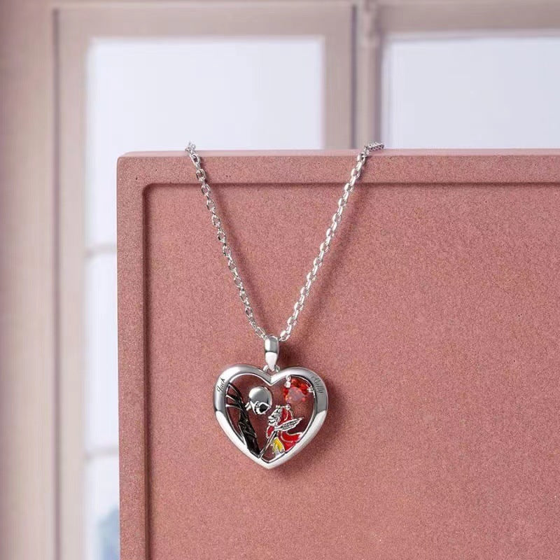 Halloween Heart-shaped Skull Necklace With Rhinestones