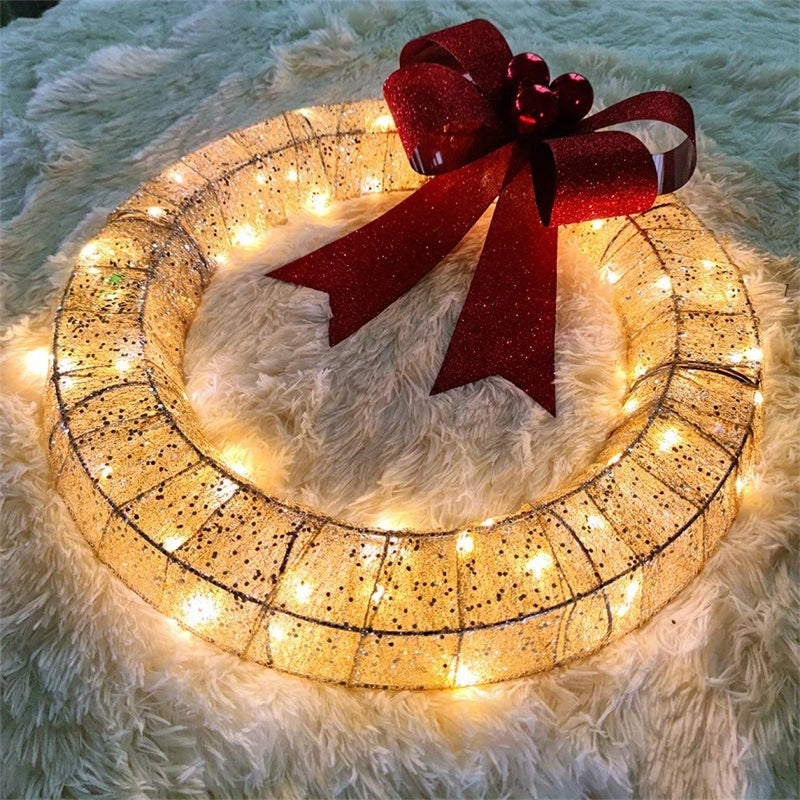 Luminous LED Warm Light Metal Luminous Wreath With Big Bowknot