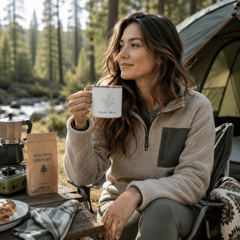 Enamel Mug — "Grow Slow" Minimalist Plant Camping Cup
